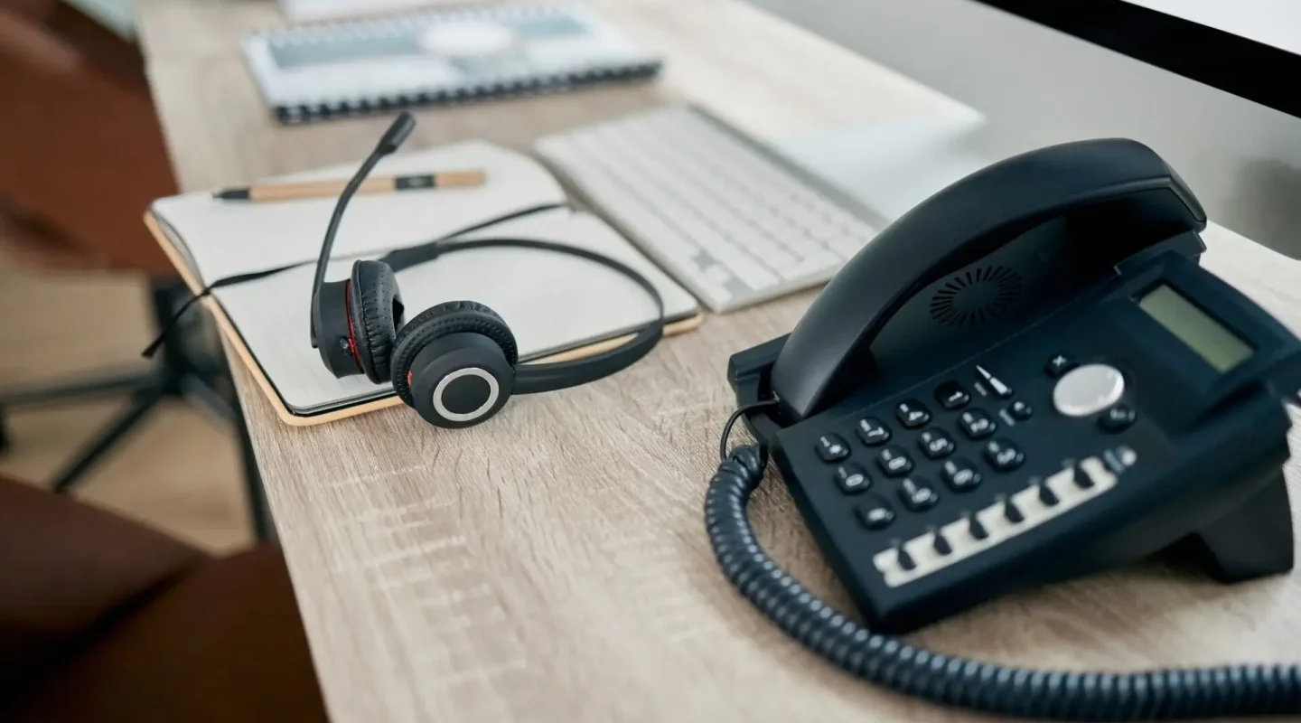 Telemarketing office, phone and VOIP on desk for communication, contact us and consulting by comput